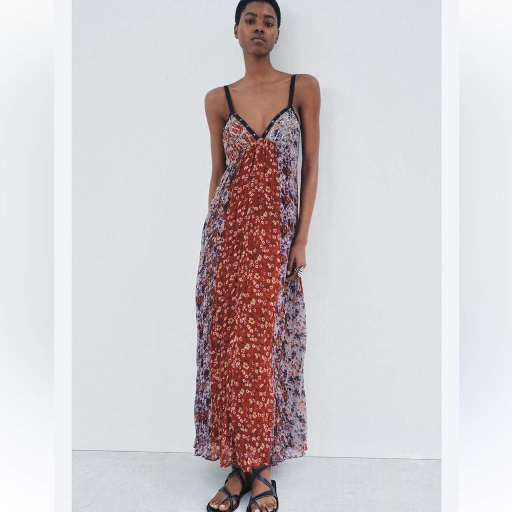 Boho red floral maxi open back printed lined dress size M